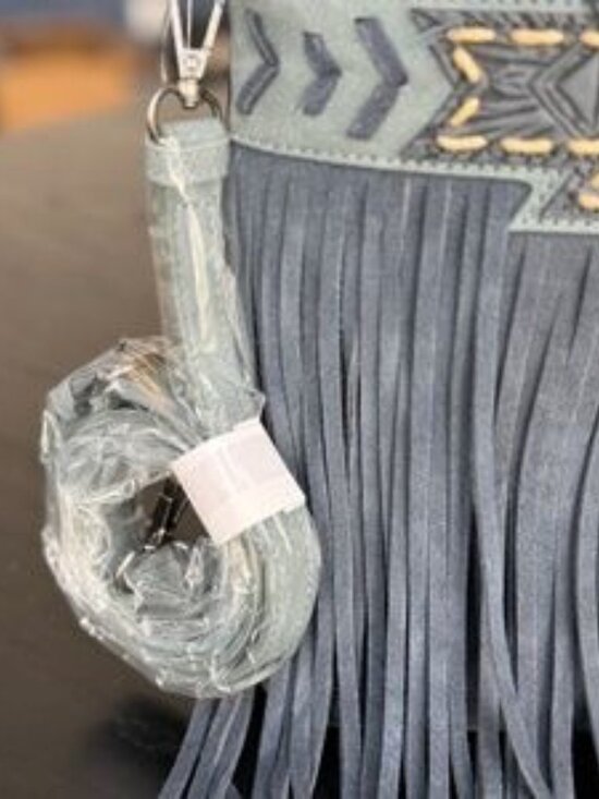 TR190G-8250 Trinity Ranch Floral Aztec Tooled Concealed  Trinity Ranch Aztec Tooled Fringe Concealed Carry Tote/Crossbody + Wallet Navy